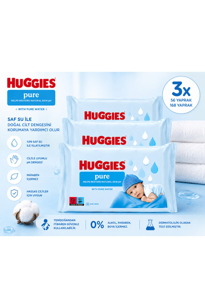 Huggies Pure Islak Bebek Mendili 56 Yaprak Hassas Ciltler İçin %99 Saf Su X 3...