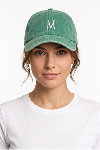 ŞapkaMania Light Green Embroidered Washable Vintage Unisex Hat with Letter m