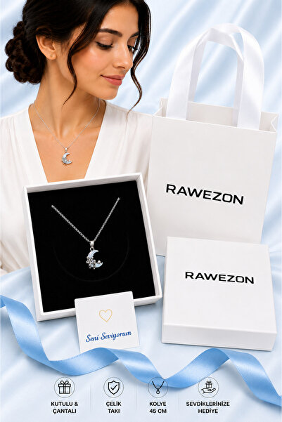 RAWEZON Steel Flower Figured Crescent Moon Necklace with Box and Bag - Gift N...