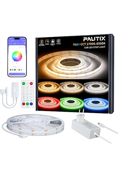 PAUTIX RGBCCT COB LED Strip, 5M, Dimmable, RGB+WW/CW, 2700K-6500K, Remote Con...