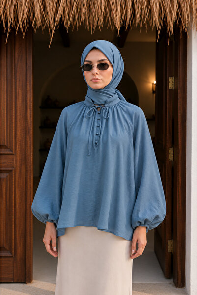 bellura Yakası Bağlamalı Düğmeli Astarlı Oversize Tül Vual Bluz