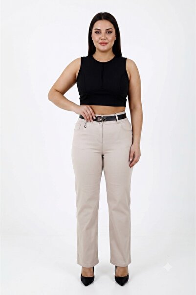 ZANESSİ FASHION Plus Size Cotton Belted High Waist Wide Leg Women's Trousers