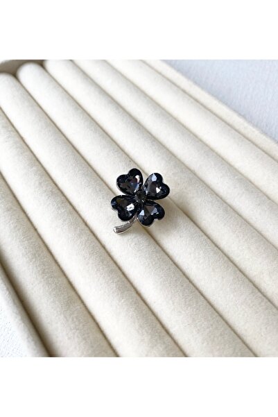 a rose jewelry Minimal Siyah Taşlı Yonca Broş
