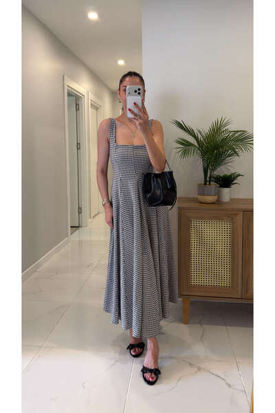 BİRCANÇİL Vinla Black Gingham Strappy Dress