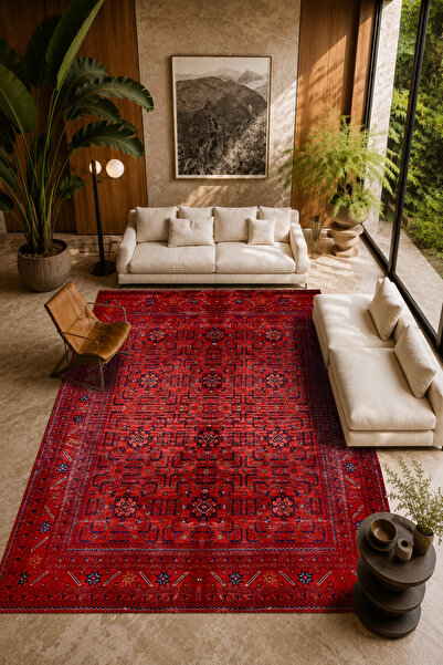 Olden Rug Kırmızı Buhara Desenli Dokuma Taban Kaymaz Yıkanabilir Salon Yatak ...