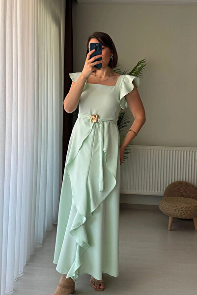 Kubos Moda Fırfır Detay Kemerli Kare Yaka Yeşil Uzun Elbise