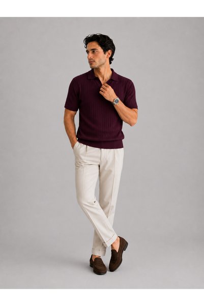 MODASPARK Burgundy Polo V-Neck Short Sleeve Men's T-Shirt