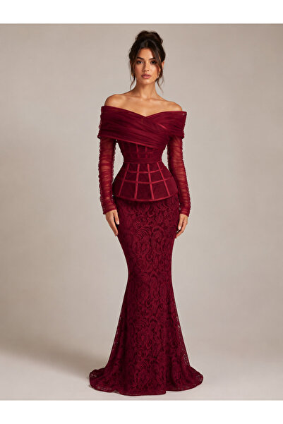 berlanty Luxury Burgundy Lace and Tulle Evening Dress
