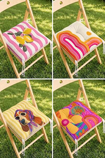 Home 4’lü Limon, Renkli Dalga ve Köpek Desenli Bağcıklı Pofidik Sandalye Mind...