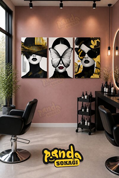 PANDA SOKAĞI Zlatna elegancija – Set od 3 crno-zlatne ženske portretne slike ...