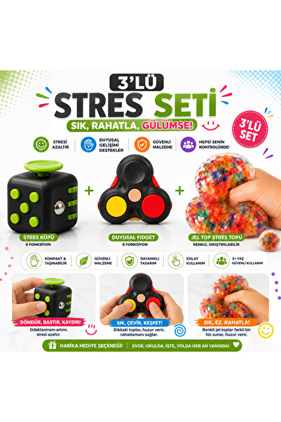 Merii Store 3'lü Stres Oyuncağı Seti -Çok Fonksiyonlu Stres Küpü & Duyusal Fi...