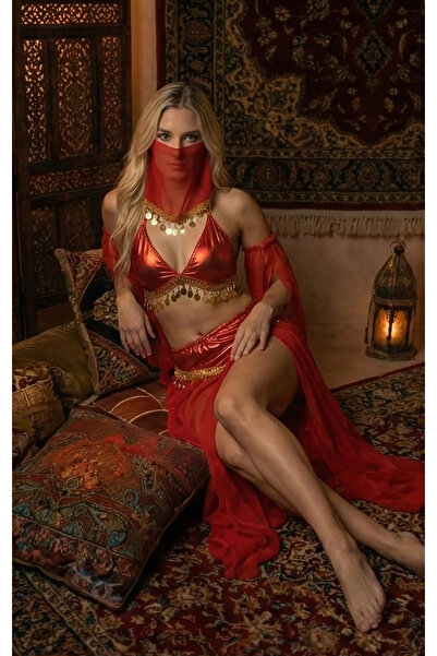 Mystique Feminine Kırmızı Peçeli Dansöz Kostümü Oryantal Asena Kıyafeti, Kadı...