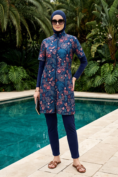 Haliç Mayo Parachute Floral Patterned Fully Covered Hijab Swimsuit 803 Navy Blue
