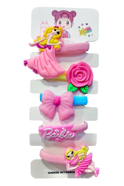 SHEKER HOME 5’li Kız Çocuk ve Kız Bebek Figürlü Renkli Lastik Toka Seti Pembe...
