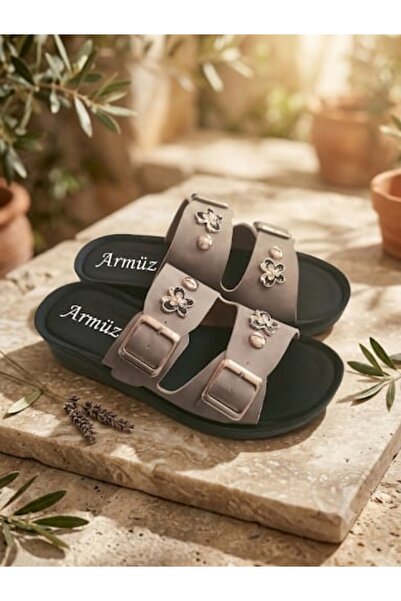 ARMÜZ Women's Comfortable Daily Anatomical Sole Stone Detailed Buckle Slippers