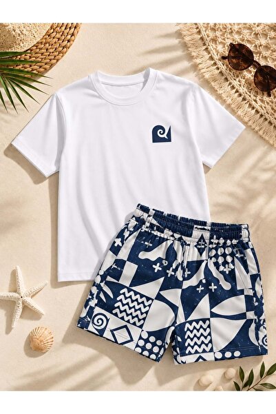 Lolliboomkids Boy's cotton t-shirt and shorts summer set - white/navy blue