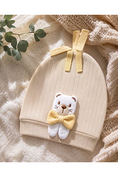 Pure Boutique Caciulita bebe crem cu ursulet si fundita galbena unisex pentru...