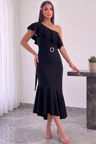 Aysan Moda One-Shoulder Midi Dress with Flywheel Detail