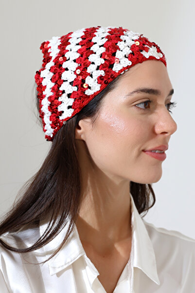 FATMA PULLU İP Red and White Sequined Hand Knitted Triangle Bandana – Handmad...