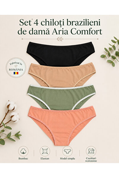 Aria Comfort Set 4 Chiloți Brazilieni de Damă Aria Comfort, Bumbac și Elastan...
