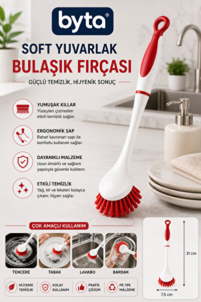 BYTA Dish Brush with Handle Soft Bristle Ergonomic Kitchen Cleaning Brush for...