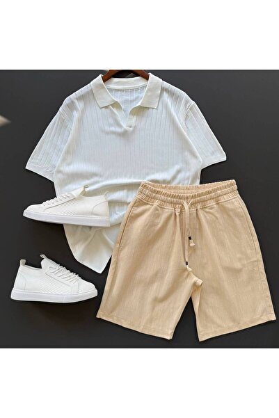 Beylerce Nurse Collar Knitwear T-Shirt + Raw Linen Shorts 2-Piece Combination
