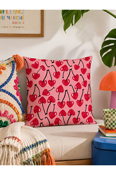 Evmila Pink Heart Cherry Pattern Decorative Throw Pillow Cover 43X43 cm Pop A...