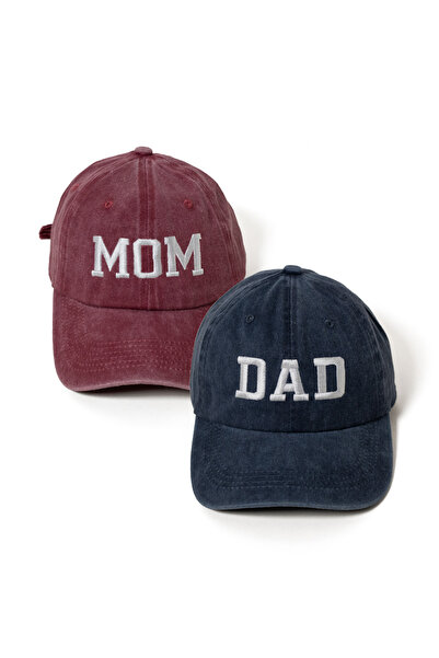 Nome Studio Nakışlı Bordo-Mavi (Lacivert) Mom Dad Anne Baba Şapka 2li paket Y...