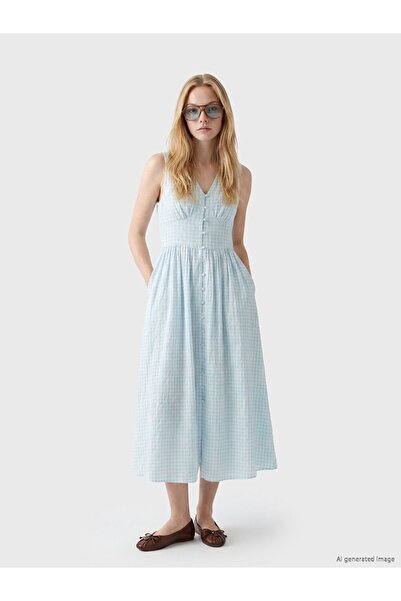 LC Waikiki Xside Blue Plaid Waist-Slit Corset Dress