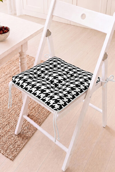 Home Siyah Beyaz Kazayağı Desenli Pofidik Sandalye Minderi - Modern Bahçe San...