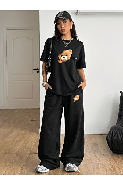 darkopia Unisex Zipper Bear Print Oversized Tshirt and Baggy Sweatpants - Sum...