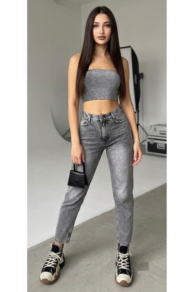SHEVEGA Smoked High Waist Belt Detailed Trendy Mom Jean Boyfriend Jeans