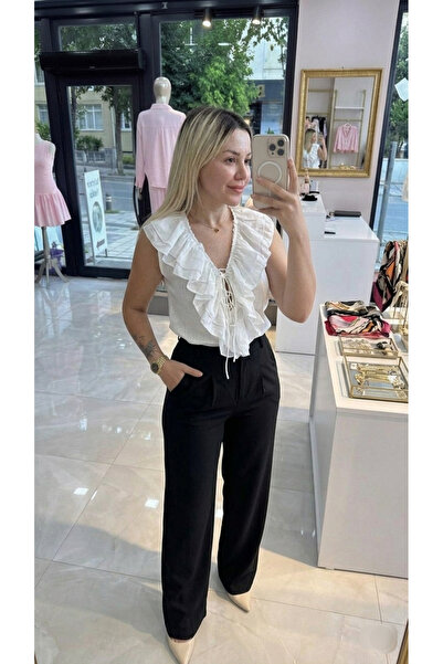 Lovely butik Дамска блуза с волани и връзки - Лятна блуза без ръкави с презра...