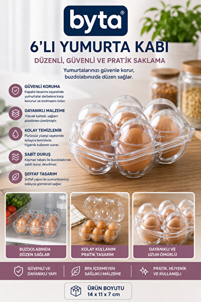 BYTA 6'lı Şeffaf Kapaklı Yumurta Saklama Kabı Buzdolabı Yumurtalık Organizeri...