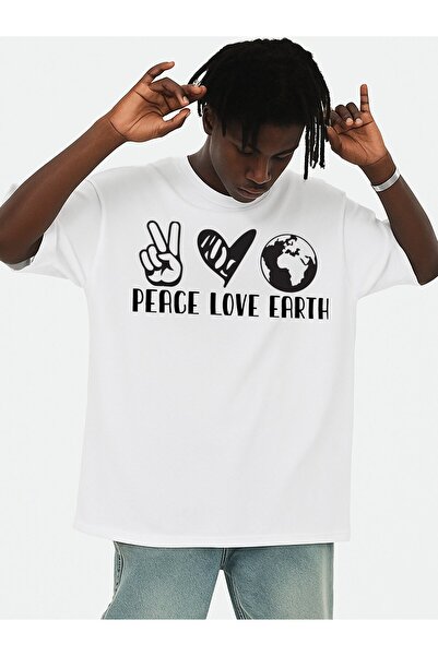 NOURAM تي شيرت Peace Love Earth للرجال برقبة دائرية باللون الأبيض، تصميم أنيق...