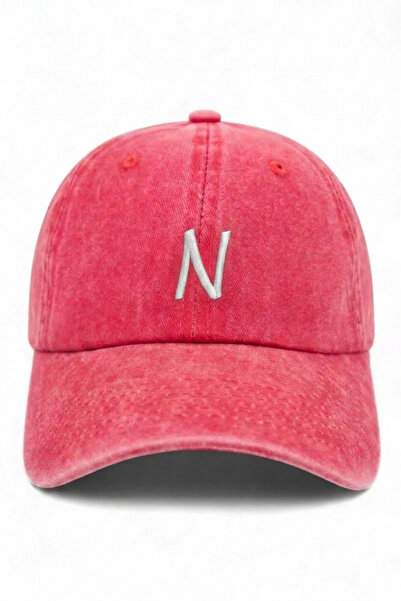 ŞapkaMania Red Embroidered Washable Vintage Unisex Hat with Letter N