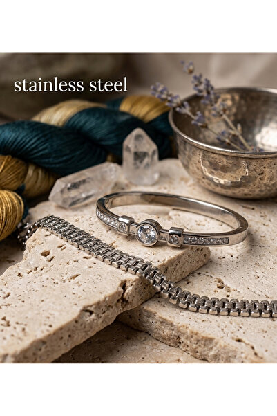 stainless steell طقم أساور من حجر الزركون الفضي اللون غير القابل للصدأ مكون م...