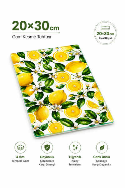 Decorita Cam Kesme Tahtası - Cam Kesme Tablası | Limon Çiçeği Desenli | 20cm x 30cm
