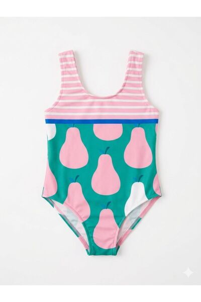 ALİŞ KİDS Girl's Pink Green Pear Patterned Quick-Drying Swimsuit