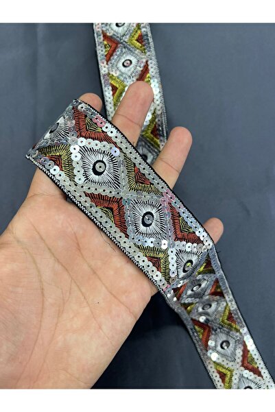 KAYA ARNİCA TEKSTİL Ethnic Motif Sequin Embroidered Decoration Strip (Silver-...