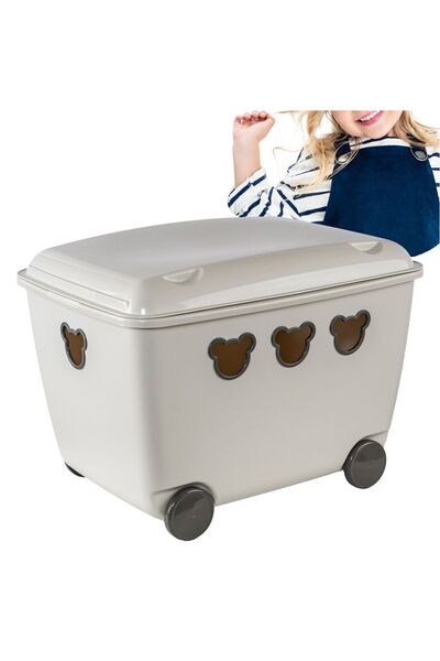 EDANTI Ladă de jucării din plastic pe roți, tip coș, 55 L, cu urși, albă