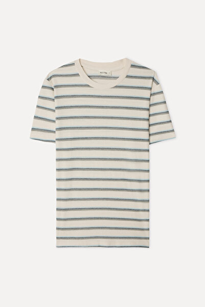 Mudo Men's White Striped Comfort Fit Crew Neck T-Shirt