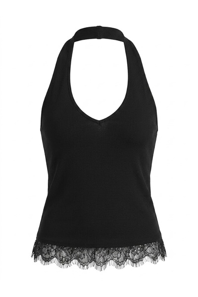 KECHİ WOMAN Neck-Tie Lace Detail Crop Black