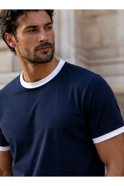 Valiberta Capra Collar Cuffed Basic Cotton Lycra Two-Thread Men's T-Shirt - Navy Blue