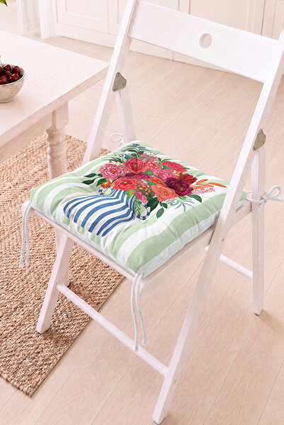 Home Çiçek Motifli Pofidik Sandalye Minderi - Renkli ve Çizgili Dekoratif Minder