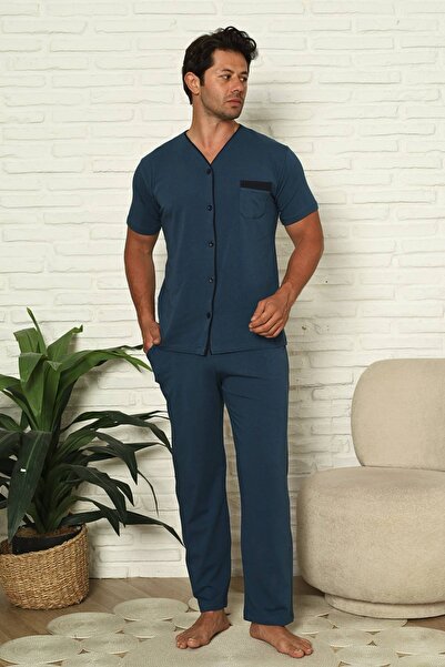 ALİMER Men's Front Buttoned Pajama Set - Indigo Short Sleeve Lycra Cotton 1230Ky