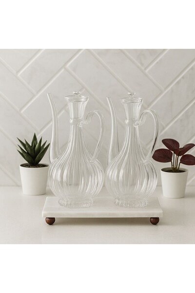 Empressco Şeffaf Mermer Desenli Borosilikat Cam Yağlık 700 ml Çiftli Set