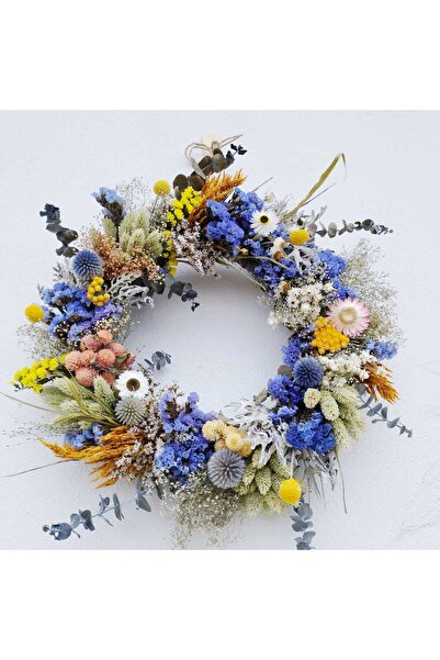 Floralo Coronita decorativa cu flori uscate full albastru 35cm