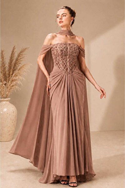 Kurtah Luxury Embroidered Corset Maxi Dress with Neck Scarf Evening Gown