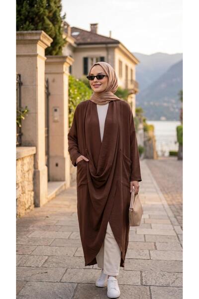 Mürdüm butik Asimetrik Tasarım Çapraz Tunik Keten Aerobin Kumaş-Acı Kahve